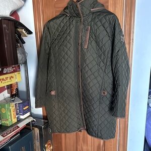 Ralph Lauren olive green quilted removable hood with faux suede cognac trim 2X